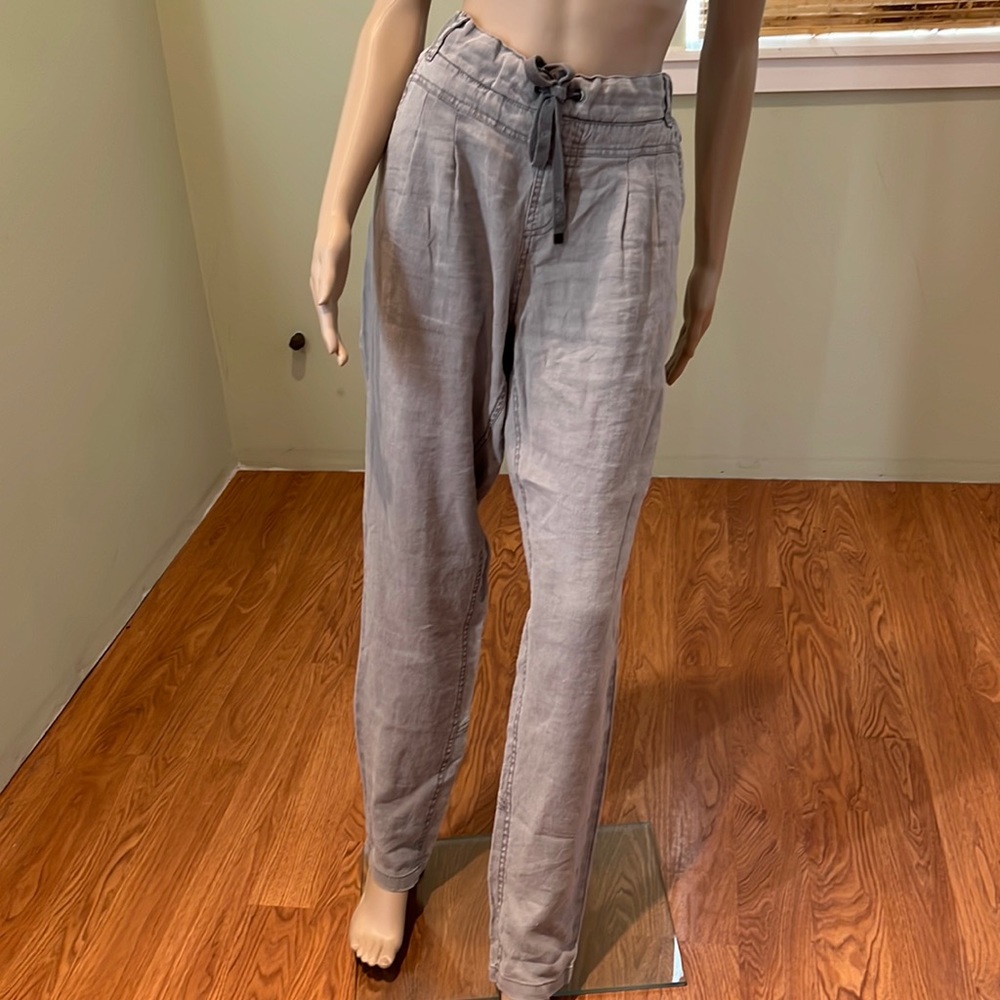 Cream Linen Drawstring Waist Pants In Gray With 42